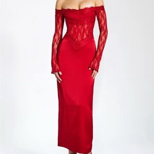 MISS CIRCLE Red lace off the shoulder dress